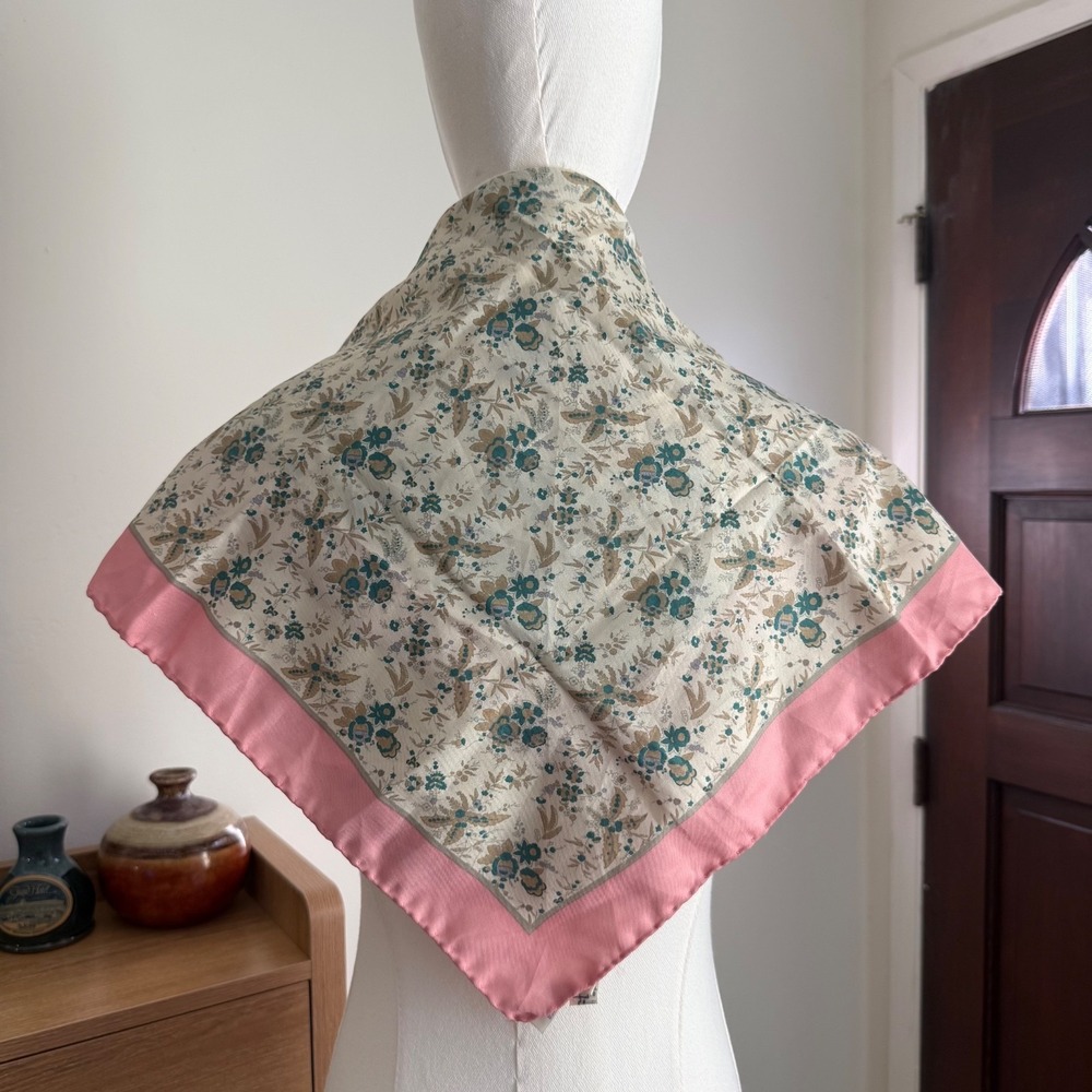 Filene's Boston Floral Scarf Italy | Pink‎ Green Tan | 22" Square